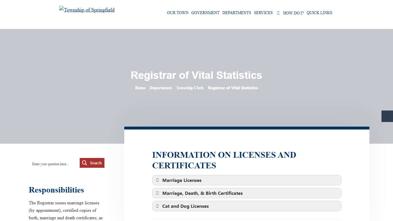 Registrar of Vital Statistics Township of Springfield