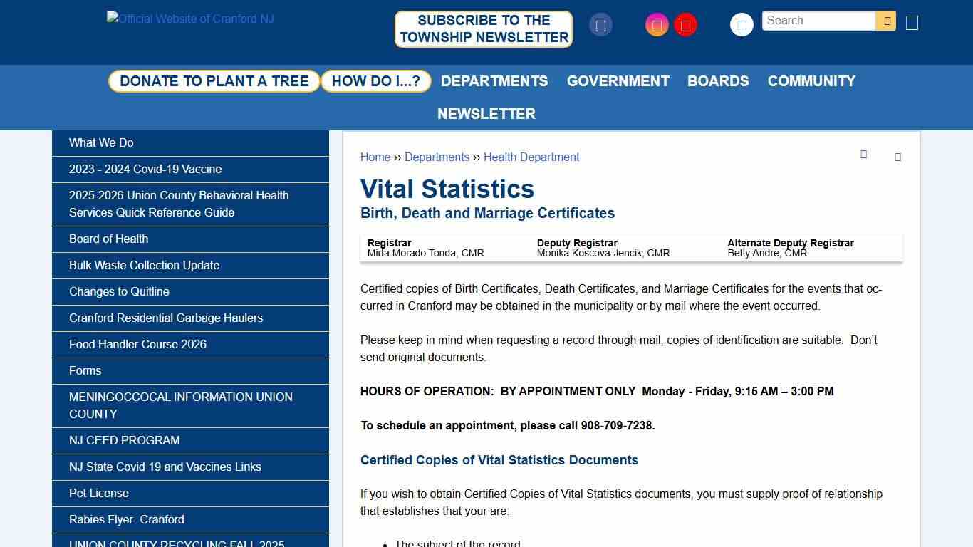 Vital Statistics Official Website of Cranford NJ